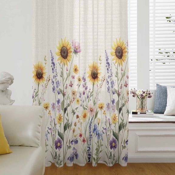 Sunflower Semi Sheer Curtains Drapes for Living Room, Bedroom, French Doors Window 84 Inches Long, Vintage Spring Floral Summer Botanical Rod Pocket Chiffon Curtain Drapery Voile Draperies Panel