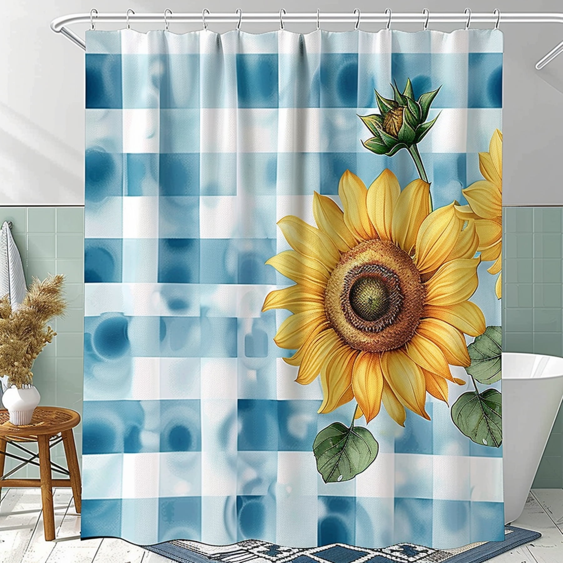 Sunflower Serenade Watercolor Blue & White Gingham Shower Curtain
