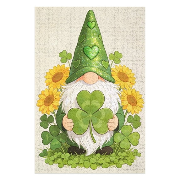 Sunflower Shamrock Gnome 1000 Piece Jigsaw Puzzle for Adults, Saint Patrick’s Day Irish Gnome Art Puzzle with Bright Sunflowers and Green Clover, Relaxing Brain Challenge for Home Decor