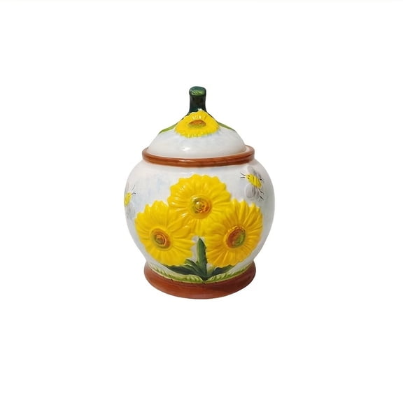 Sunflower-Shaped Ceramic Spice Jar with Lid - Rustic Condiment Pot for Salt, Sugar, and Spice Storage, Kitchen Countertop Decor