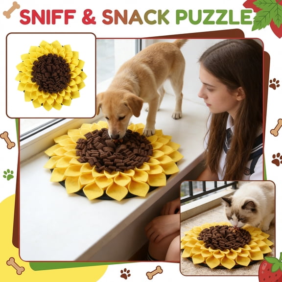 Sunflower Shaped Dog Enrichment Mat, Sniff Mat for Dogs, Dog Slow Feeder, Dog Feeder Puzzle, 15 Inch Diameter Durable Snuffle Training Pad, Non-Slip Base Encourages Slow Eating,