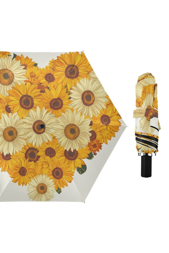 Sunflower Shaped Heart All Weather Umbrella Triple Folding Parasol 6 Ribs UV Protection Portable