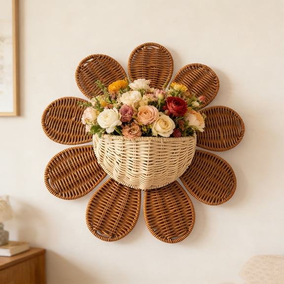 Sunflower Shaped Wall Mount Rattan Basket,Boho Woven Hanging Storage Basket with Petal Design,Decorative Mail Holder & Floral Wall Basket for Kitchen,Pantry,Laundry Room,Entryway,Farmhouse Home Decor