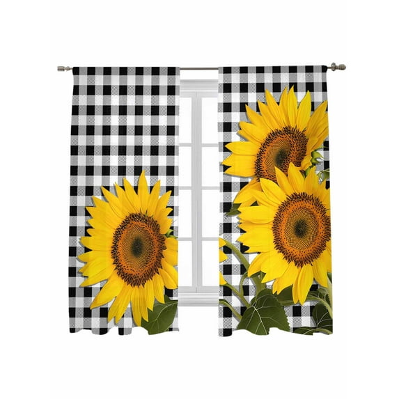 Sunflower Sheer Curtains 2 Panels Set Countryside Yellow Flower Black And White Check Lihgt Filtering Rod Pocket Voile Drape, Semi Sheer Window Curtains for Bedroom Living Room, 52"x63"