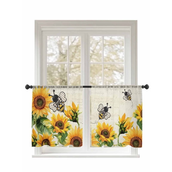 Sunflower Sheer Curtains 2 Panels Set Farmhouse Yellow Floral with Bee Retro Beige Background Lihgt Filtering Rod Pocket Voile Drape, Semi Sheer Window Curtains for Bedroom Living Room, 52"x54"