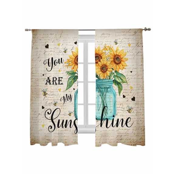 Sunflower Sheer Curtains 2 Panels Set You Are My Sunshine Yellow Flower Bee Plant Retro Lihgt Filtering Rod Pocket Voile Drape, Semi Sheer Window Curtains for Bedroom Living Room, 52"x63"