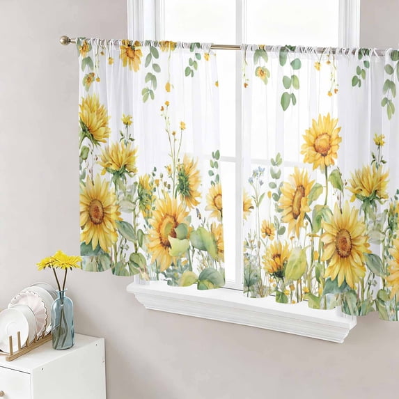 Sunflower Sheer Curtains 45 Inch Length 2 Panels Set, Summer Eucalyptus Botanical Spring Floral Voile Window Treatment Rod Pocket Small Kitchen Curtains Drapes for Bedroom 52"x45"x2