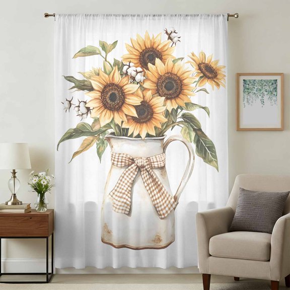 Sunflower Sheer Curtains 45 Inches Long, Country Flower Plant Vintage Watercolor Light Filering Curtains, Breathable Simi Curtain Privacy Drapes for Kitchen Bathroom Small Window Treatment