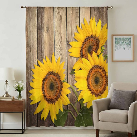 Sunflower Sheer Curtains 45 Inches Long, Yellow Spring Flora Summer Botanical Wooden Light Filering Curtains, Breathable Simi Curtain Privacy Drapes for Kitchen Bathroom Small Window Treatment