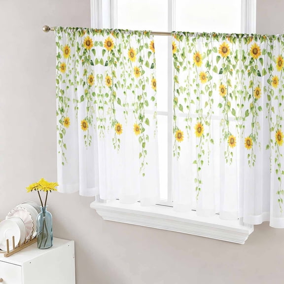 Sunflower Sheer Curtains 54 Inch Length 2 Panels Set, Spring Floral Summer Botanical Weeping Voile Window Treatment Rod Pocket Short Kitchen Curtains Drapes for Bedroom 52"x54"x2