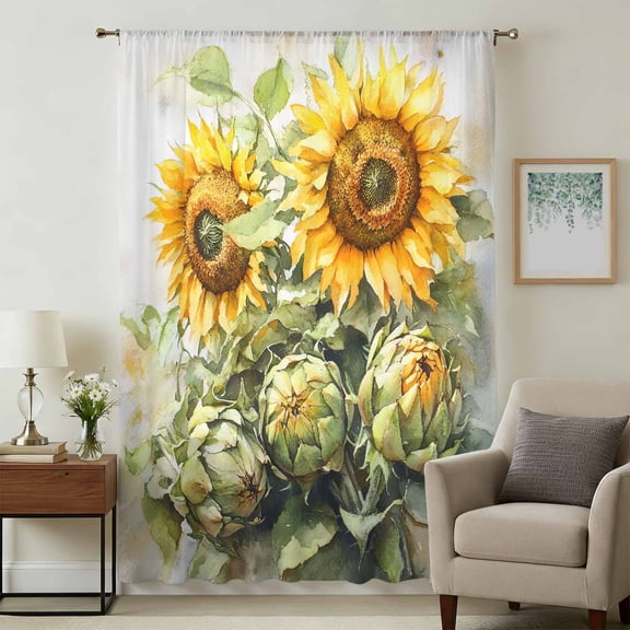 Sunflower Sheer Curtains 63 Inches Long, Summer Plant Vintage Style Floral Plant Light Filering Curtains, Breathable Simi Curtain Privacy Drapes for Living Room Bedroom Lightweight Window Treatment