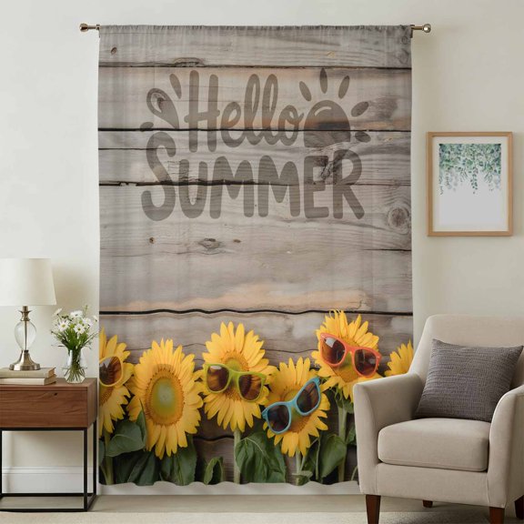 Sunflower Sheer Curtains 63 Inches Long, Summer Sunglasses Farm Plant Woodgrain Brown Light Filering Curtains, Breathable Simi Curtain Privacy Drapes for Living Room Bedroom Window Treatment