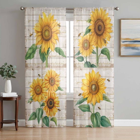 Sunflower Sheer Curtains 72 Inch Length 2 Panels Set - Light Filtering Window Treatments, Yellow Summer Botanical Vintage Rod Pocket Semi Curtains for Living Room/Bedroom/Kitchen Décor, 104"W x 72"L