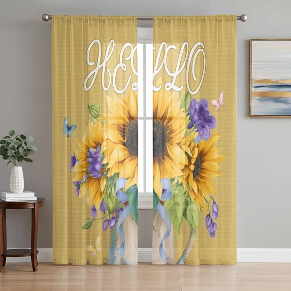 Sunflower Sheer Curtains 84 Inch Length 2 Panels Set Window Treatments, Yellow Flowers Summer Botanical Farmhouse Rod Pocket Semi Curtains for Living Room/Bedroom/Kitchen Décor, 104"W x 84"L