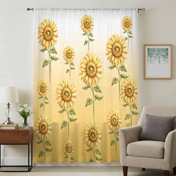 Sunflower Sheer Curtains 84 Inches Long, Watercolor Yellow Flower Gradient Plant Light Filering Curtains, Breathable Simi Curtain Privacy Drapes for Living Room Bedroom Lightweight Window Treatment