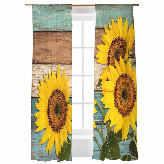Sunflower Sheer Curtains 84 inches Long, Countryside Yellow Flower Teal Brown Wood Grain Light Filtering Sheer Window Curtains Rod Pocket Voile Drapes for Bedroom Living Room, 52"W x 84"L 2 Panels