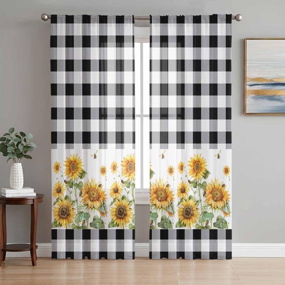 Sunflower Sheer Curtains 96 Inch Length 2 Panels Set, Black White Buffalo Plaid Check Country Bee Voile Window Treatment Semi Sheer Long Curtains Drapes for Bedroom/Living Room/Kitchen 52"x96"x2