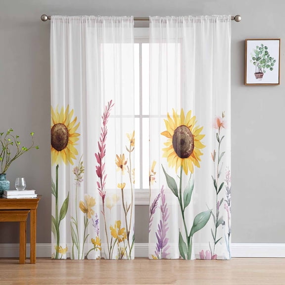 Sunflower Sheer Curtains 96 Inch Length 2 Panels Set for Living Room/Bedroom, Spring Floral Summer Botanical Elegant Semi Curtain Sheers Drapes Rod Pocket Curtains Window Treatment Set 52''x96''x2