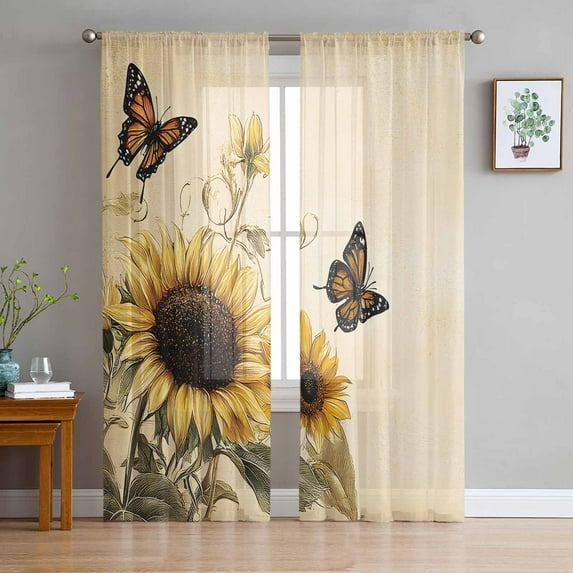 Sunflower Sheer Curtains 96 Inches Long 2 Panels Set, Window Sheer Curtains for Living Room/Bedroom, Retro Butterfly Spring Floral Botanical Light Filtering Rod Pocket Curtain 52'' x 96'' x 2