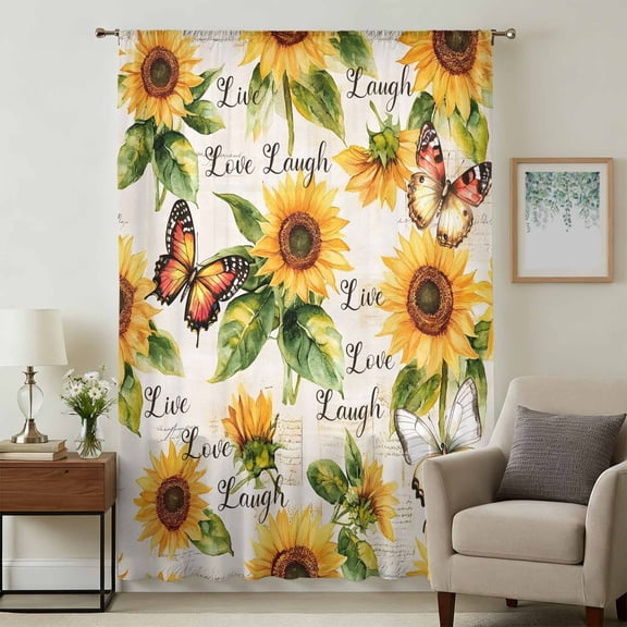 Sunflower Sheer Curtains 96 Inches Long, Summer Botanical Vintage Spring Floral Butterfly Light Filering Curtains, Privacy Drapes Simi Floor to Veiling Curtain for Living Room Large Window Treatment