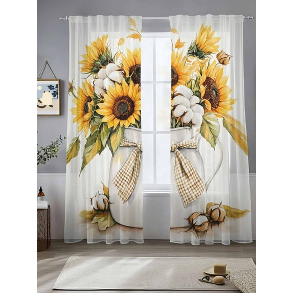 Sunflower Sheer Curtains for Living Room Bedroom Yellow Floral Botanicals Motif Floral Plant Sheer Curtains 96 Inch Long 2 Panels Set Light Filtering Curtain Window Treatments Drapes for Dining Room