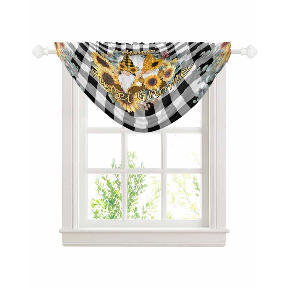 Sunflower Sheer Waterfall Valance Curtains for Window, Gnomes Black White Checkered Farmhouse Rod Pocket Sheer Topper Swag Curtains for Living Room, Kitchen 38.5"W x 47.2"L, 1 Panel