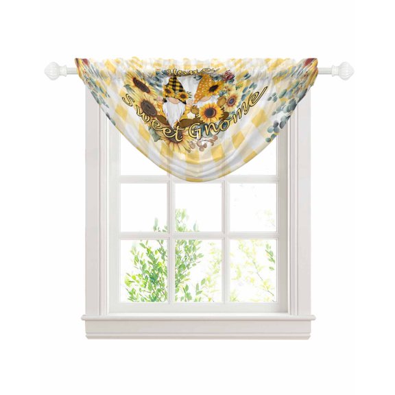 Sunflower Sheer Waterfall Valance Curtains for Window, Gnomes Yellow Checkered Eucalyptus Leaves Rod Pocket Sheer Topper Swag Curtains for Living Room, Kitchen 38.5"W x 47.2"L, 1 Panel