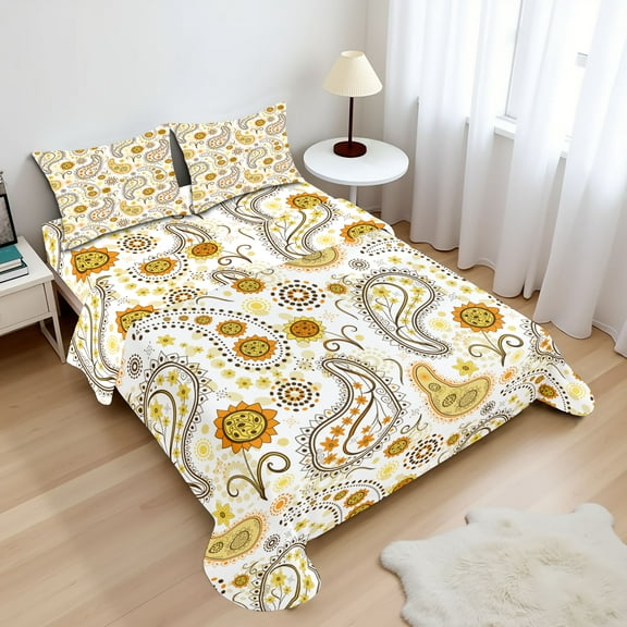 Ambesonne Paisley Fitted & Top Sheet Set with Shams, Folkloric Floral Drop Forms, Orange Yellow White