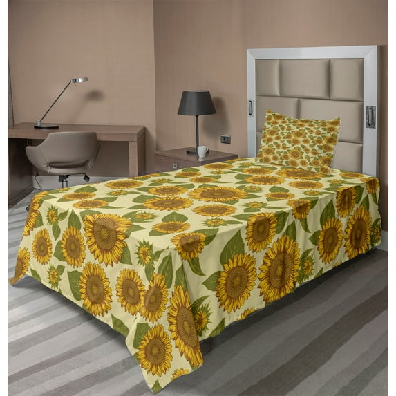 Ambesonne Vintage Fitted & Top Sheet Set with Sham, Funky Style Sunflower, Green Yellow