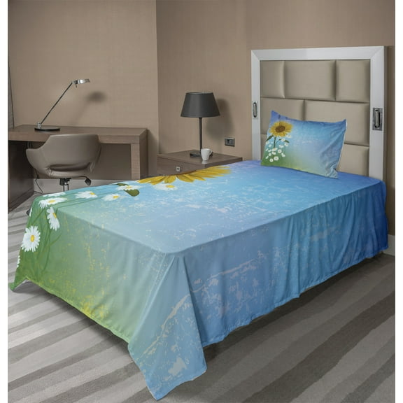 Ambesonne Pastel Fitted & Top Sheet Set with Sham, Sunflowers Chamomiles, Blue Yellow Green
