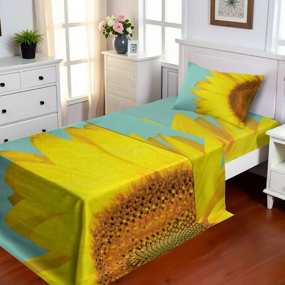 Sunflower Sheet Set, Summer Flower Photo with Close up View Half Petal Print, Fitted and Flat Sheet with Pillowcase Bedding Accent 3 Piece Set, Twin, Mustard Dark Orange, by Ambesonne