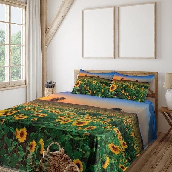 Ambesonne Sunflower Fitted & Top Sheet Set with Shams, Flower Field at Sunset, Multicolor