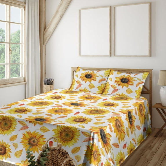 Ambesonne Sunflower Fitted & Flat Sheet with Sham 3 Pcs Set, Vintage Fall Leaves Print, Twin, Marigold Mustard and White