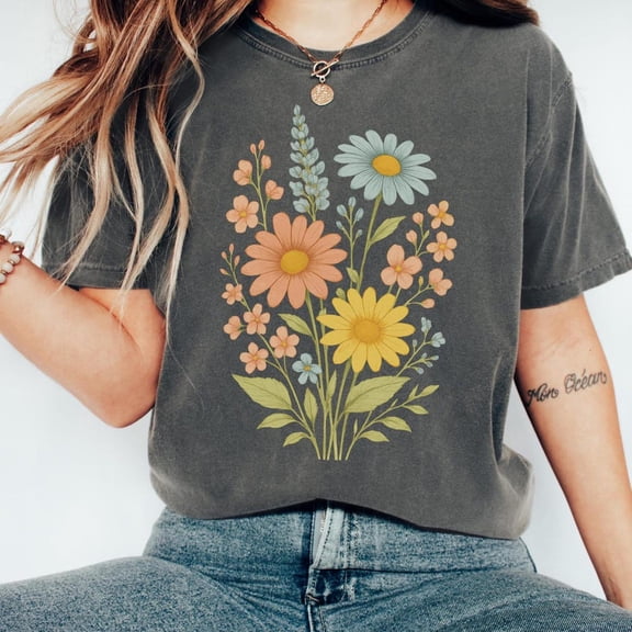 Sunflower Shirt, Vintage Flowers Tshirt, Summer Wildflower Shirt, Boho Tee, Botanical Shirt, Sunflower Lover Gift Her DARK HEATHER Unisex S-5XL Hot Trending Shirt, Vintage Birthday Gift