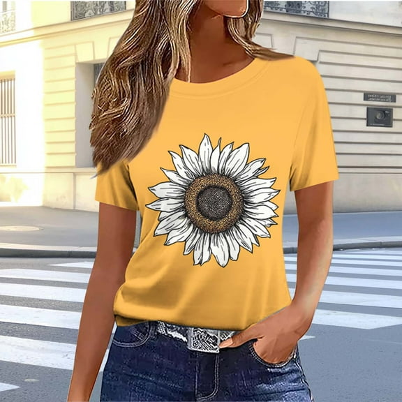 Sunflower Shirts For Women Cute Graphic Tee Shirts Letter Print Funny Tee Shirts Top Yellow XL