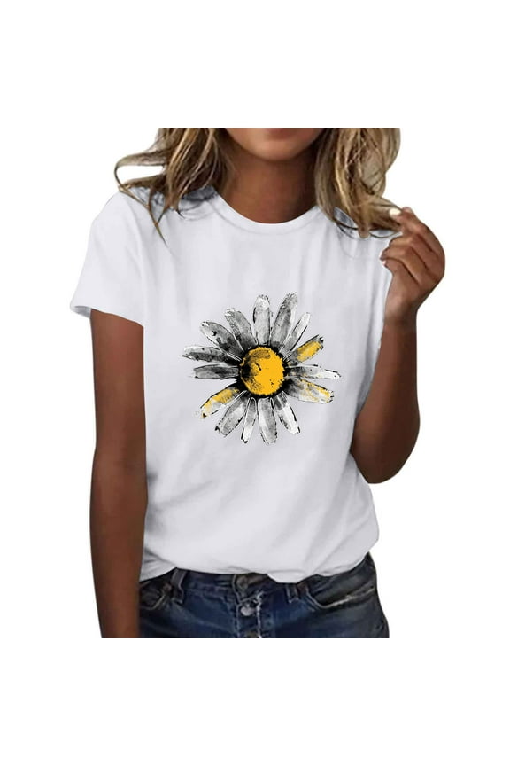 Sunflower Shirts for Women Cute Graphic Tees Short Sleeve Loose Fit Butterfly Teen Girls T Shirt Summer Tops