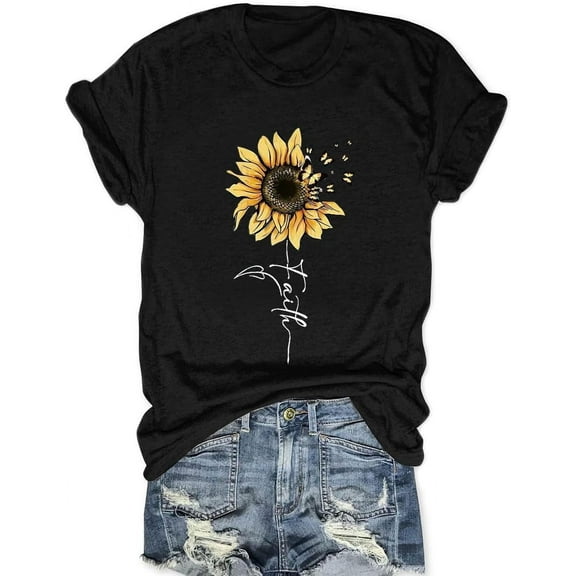 Sunflower Shirts for Women Faith Graphic Tees Short Sleeve Loose Fit Butterfly Teen Girls T Shirt Summer Tops