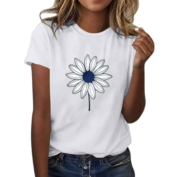 Sunflower Short Sleeve Shirt Women - Lightweight Short Sleeve Crew Neck Casual Tops Floral Print Summer T-Shirt New, 12-White, XXL