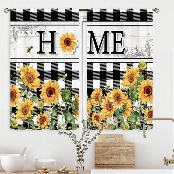 Sunflower Short Small Kitchen Curtains 27.5Wx36H Inch Rod Pocket Rustic Black White Buffola Plaid Art Printed Floral Plants Living Room Bedroom Window Drapes Treatment 2 Panels