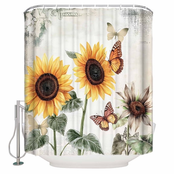 Sunflower Shower Curtain, 36" x 72", Farmhouse Rustic Retro Summer Floral Butterfly Waterproof Bathroom Curtain Washable Shower Curtain Set with 12 Hooks