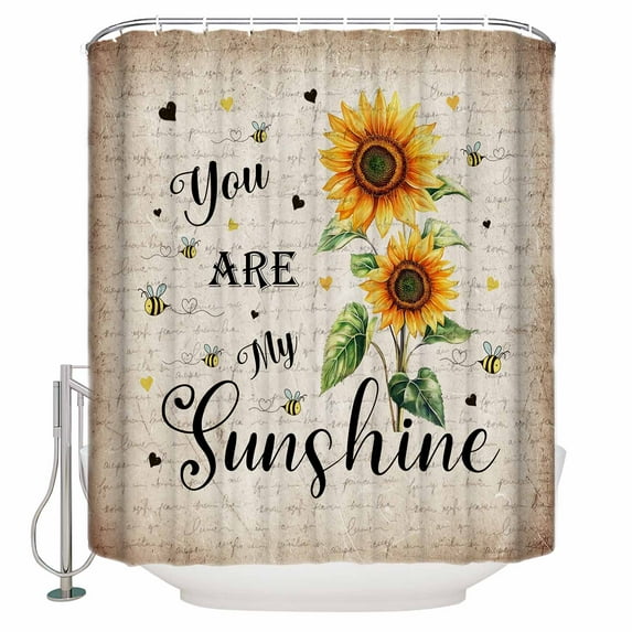 Sunflower Shower Curtain, 66" x 72", Bee Sunshine Farmhouse Vintage Old Newspaper Waterproof Bathroom Curtain Washable Shower Curtain Set with 12 Hooks