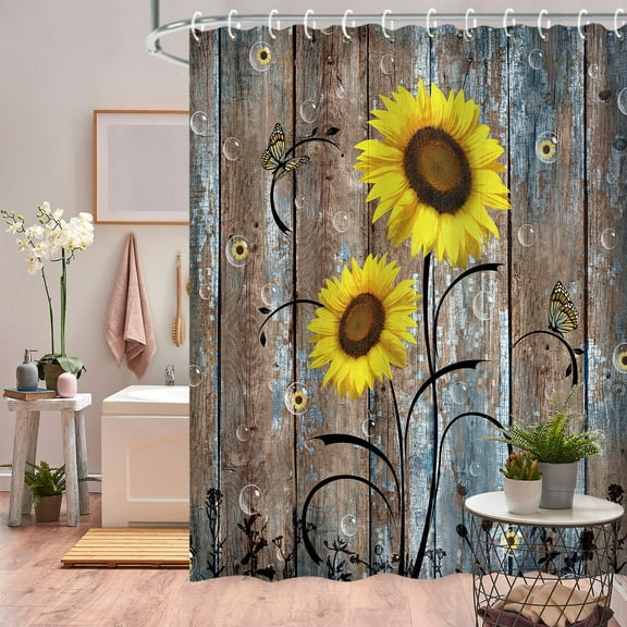 Sunflower Shower Curtain, Country Shower Curtain, Rustic Yellow Grey Floral on Brown Barn Door Fall Summer 72W x 84H inch Shower Curtain with Hooks Western Fabric Waterproof Bath Curtain