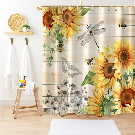 Sunflower Shower Curtain, Farmhouse Rustic Country Wooden Plank Yellow Bee Dragonfly Butterfly 3D Machine Washable Waterproof Fabric for Bathroom Decor Bathtub with Hooks 72x72