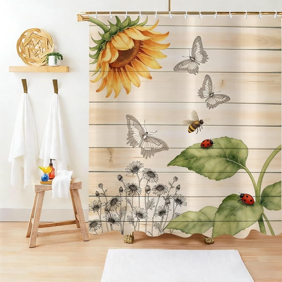 Sunflower Shower Curtain, Farmhouse Rustic Country Wooden Plank Yellow Floral Bee Butterfly Machine Washable Waterproof Fabric for Bathroom Decor Bathtub-72"W x 72"L (Pack of 1)