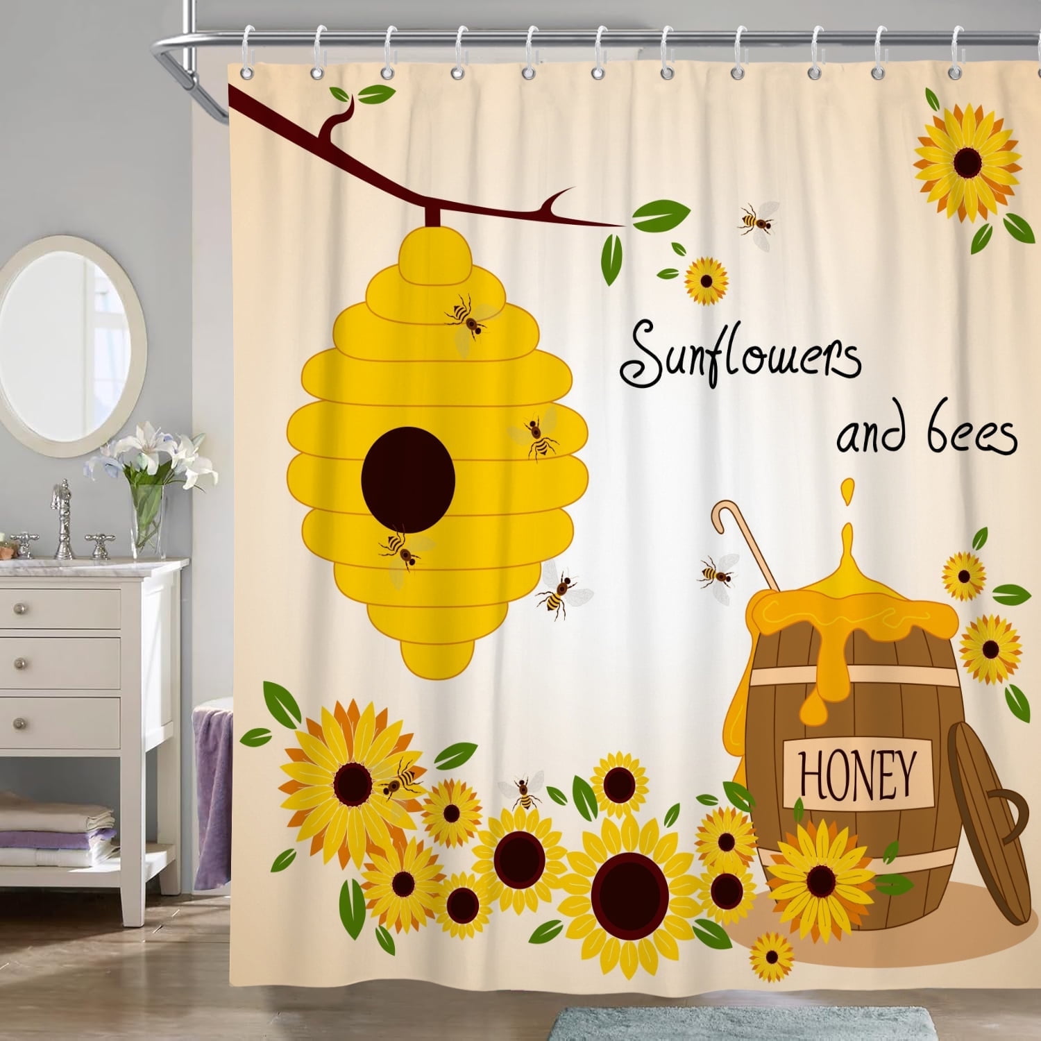 Sunflower Shower Curtain, Farmhouse Yellow Floral Bee Waterproof Fabric Bath Curtain，72x72inch