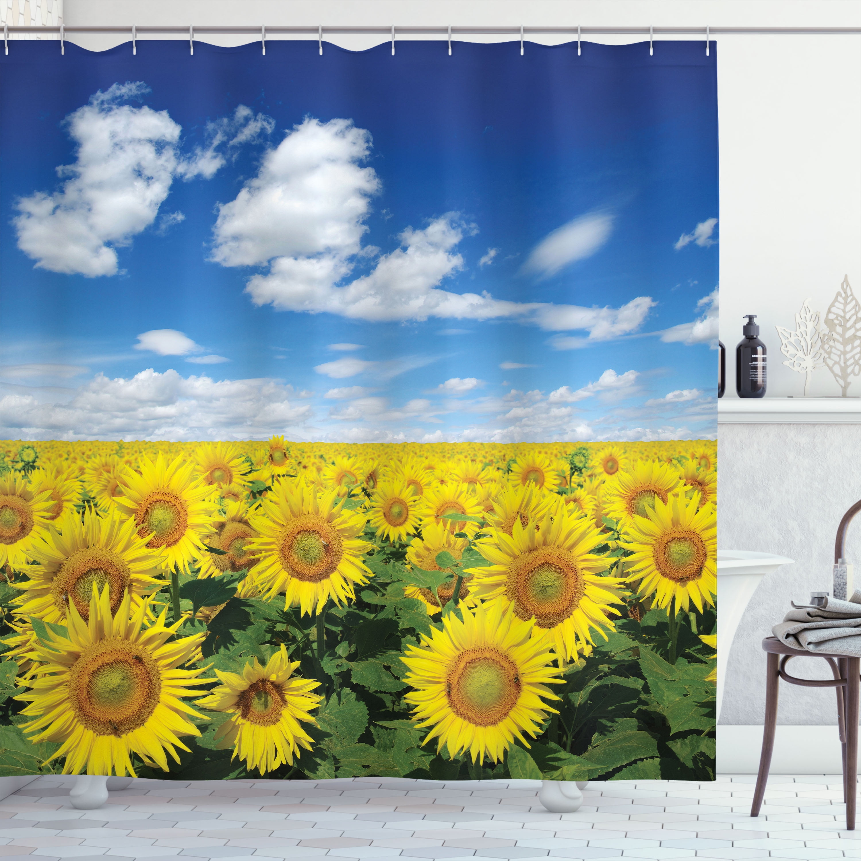 Sunflower Shower Curtain, Fresh Sunflowers Field under Clear Sky Clouds