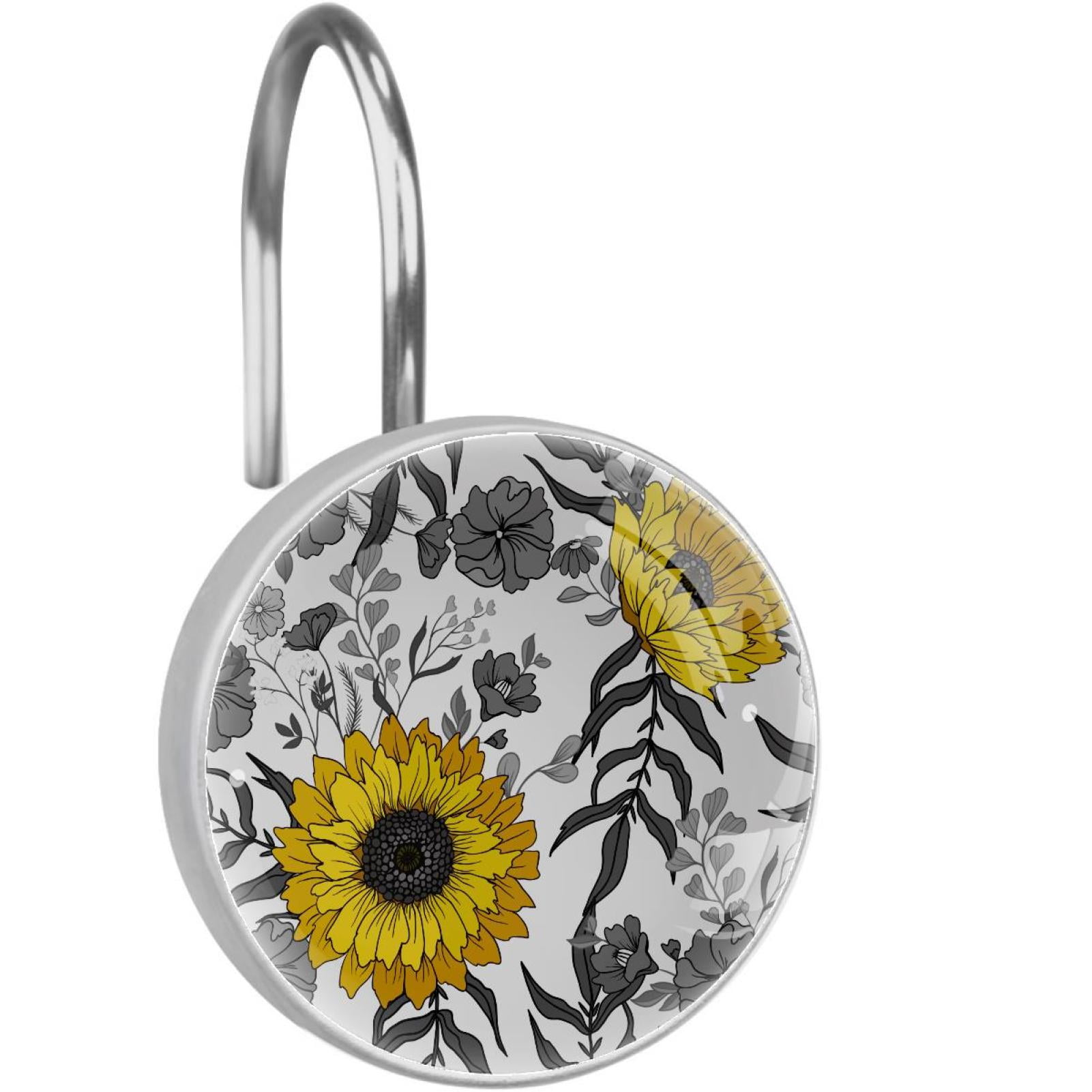 Sunflower Shower Curtain Hooks（Set of 12）for Home Hotel Shower Rods Bathroom Crystal Glass Print Stainless Steel Round Curtain Hooks