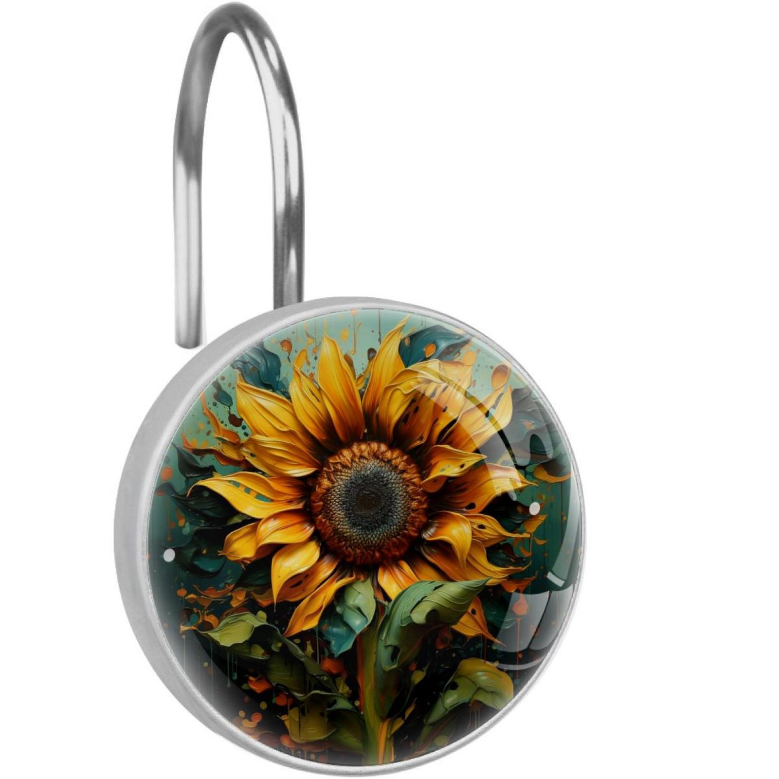 Sunflower Shower Curtain Hooks （Set of 12） for Home Hotel Shower Rods Bathroom Crystal Glass Print Stainless Steel Round Curtain Hooks