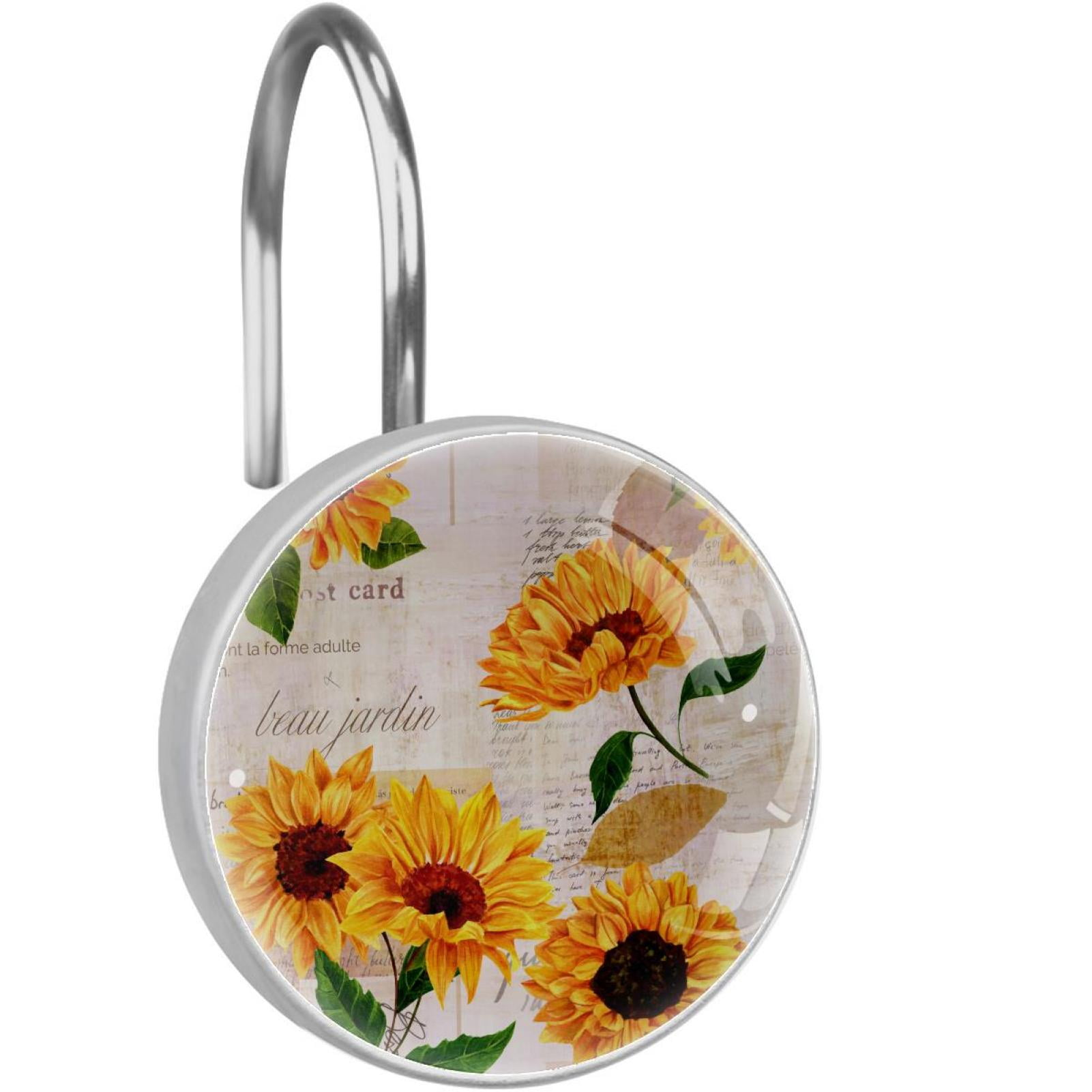 Sunflower Shower Curtain Hooks（Set of 12）for Home Hotel Shower Rods Bathroom Crystal Glass Print Stainless Steel Round Curtain Hooks