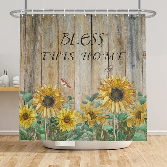 Sunflower Shower Curtain Rustic Floral Bathroom Curtain Brown Wood Bath Curtain with 12 Hooks 72x72 in